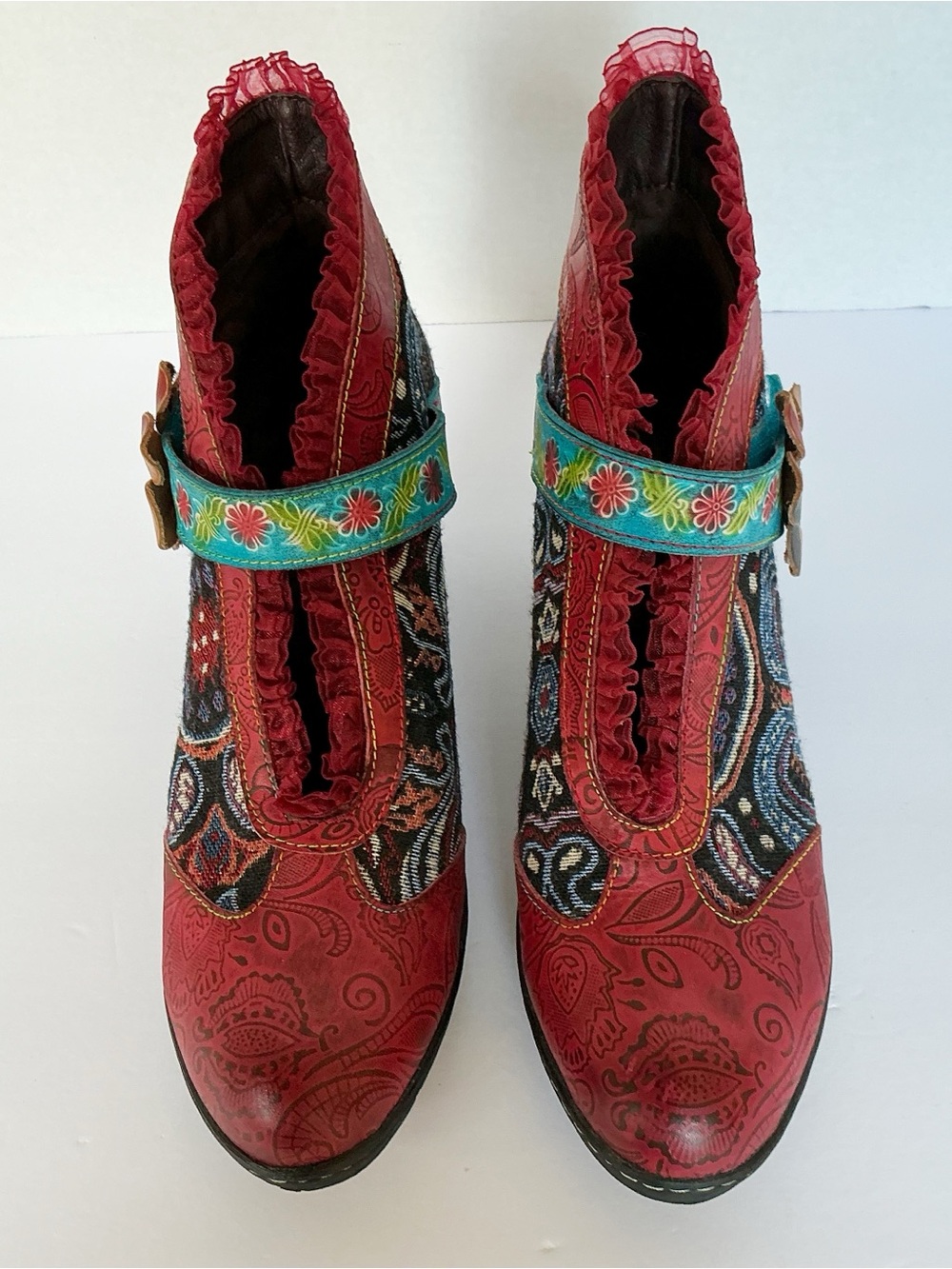 Socofy Floral Leather & Tapestry Ankle Bootie Pumps EU Size 41/US 10 - Picture 4 of 14